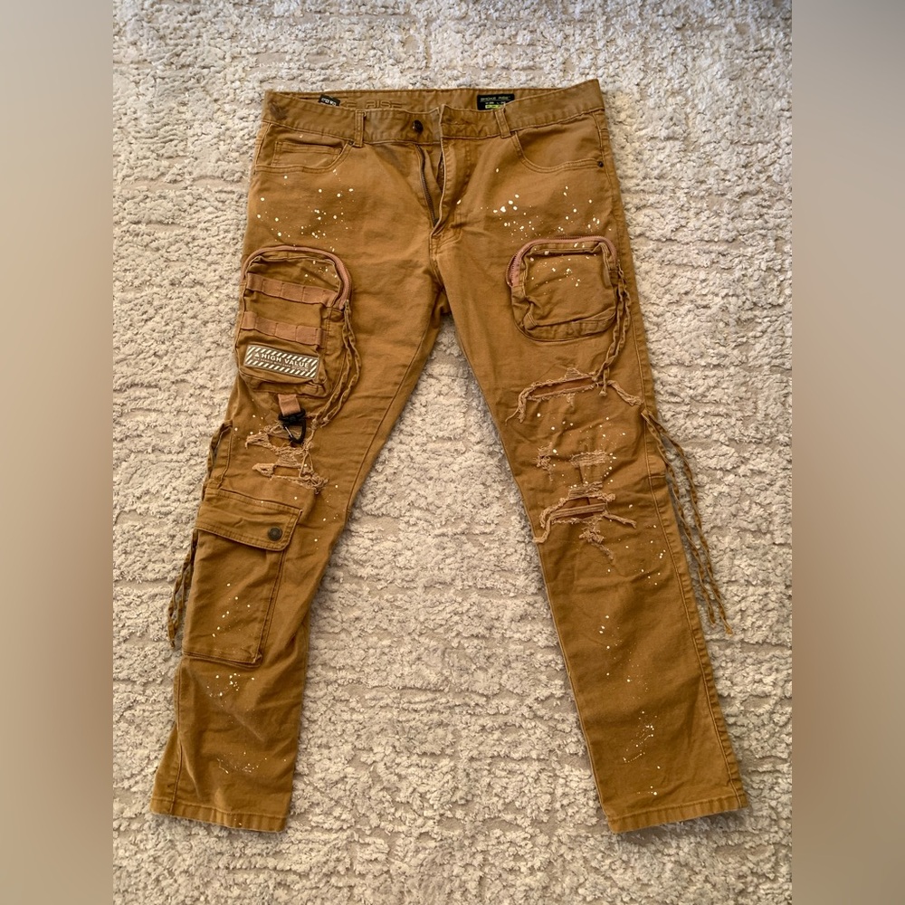 SMOKE RISE cargo pants paint splattered pockets W38 L32 slim fit